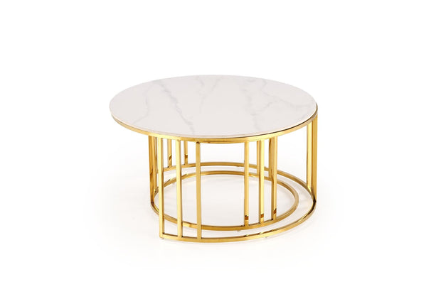 Set 2 mese de cafea din piatra sinterizata si metal, Mercury 3 Alb / Auriu, Ø80xH42 / Ø60xH38 cm (1)