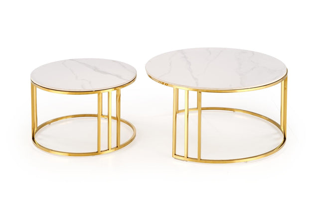 Set 2 mese de cafea din piatra sinterizata si metal, Mercury 3 Alb / Auriu, Ø80xH42 / Ø60xH38 cm (4)