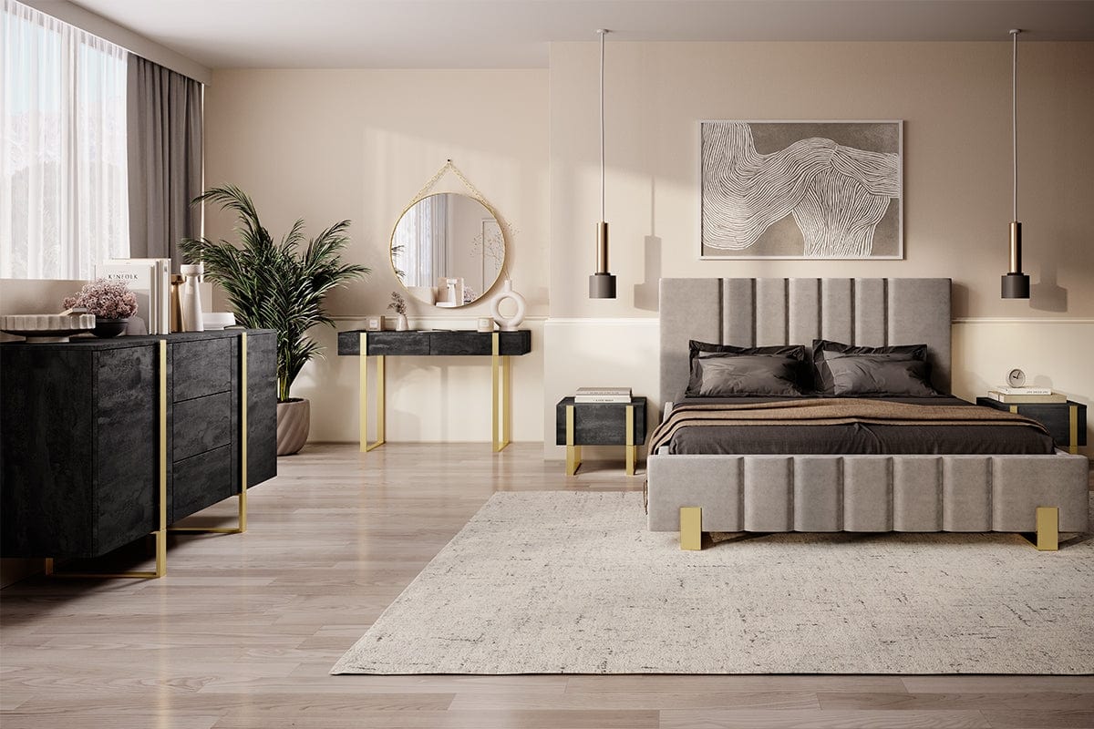 Set 2 noptiere din pal si metal, cu 1 sertar, Verica 50-1SZ Antracit / Auriu, l50xA45xH40 cm (2)