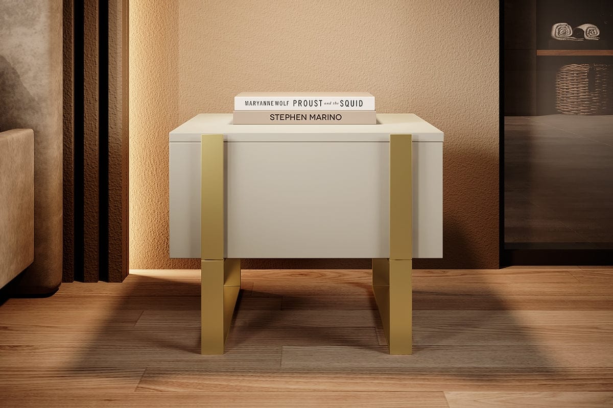 Set 2 noptiere din pal si metal, cu 1 sertar, Verica 50-1SZ Crem / Auriu, l50xA45xH40 cm (1)