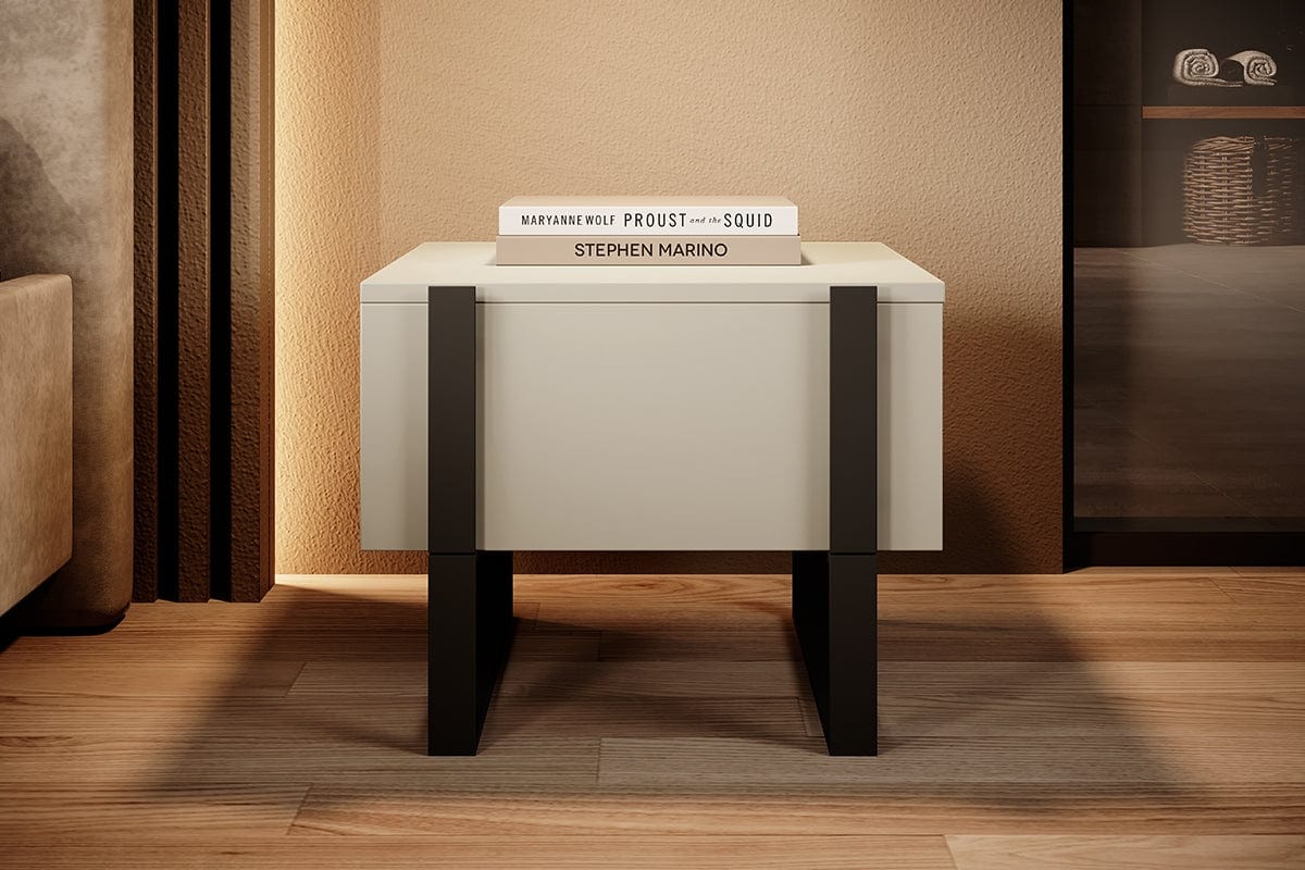 Set 2 noptiere din pal si metal, cu 1 sertar, Verica 50-1SZ Crem / Negru, l50xA45xH40 cm (1)