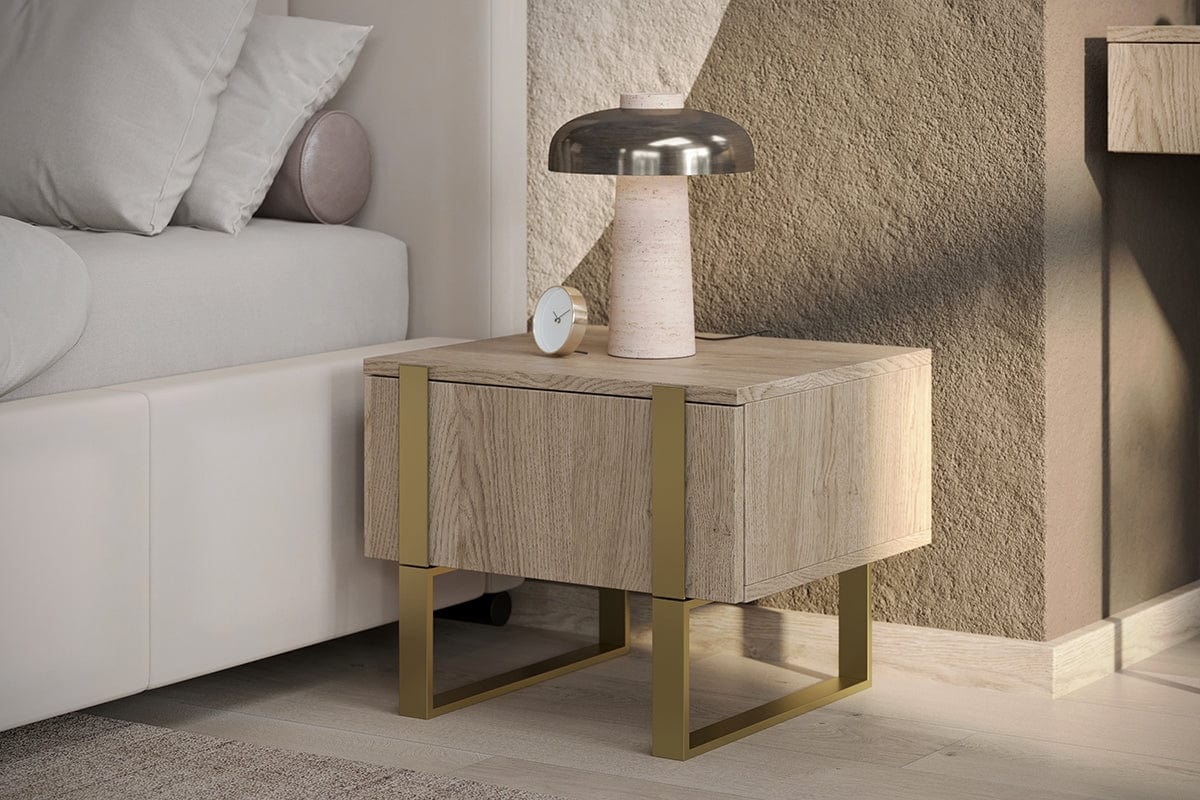 Bogart Set 2 noptiere din pal si metal, cu 1 sertar, Verica 50-1SZ Stejar / Auriu, l50xA45xH40 cm