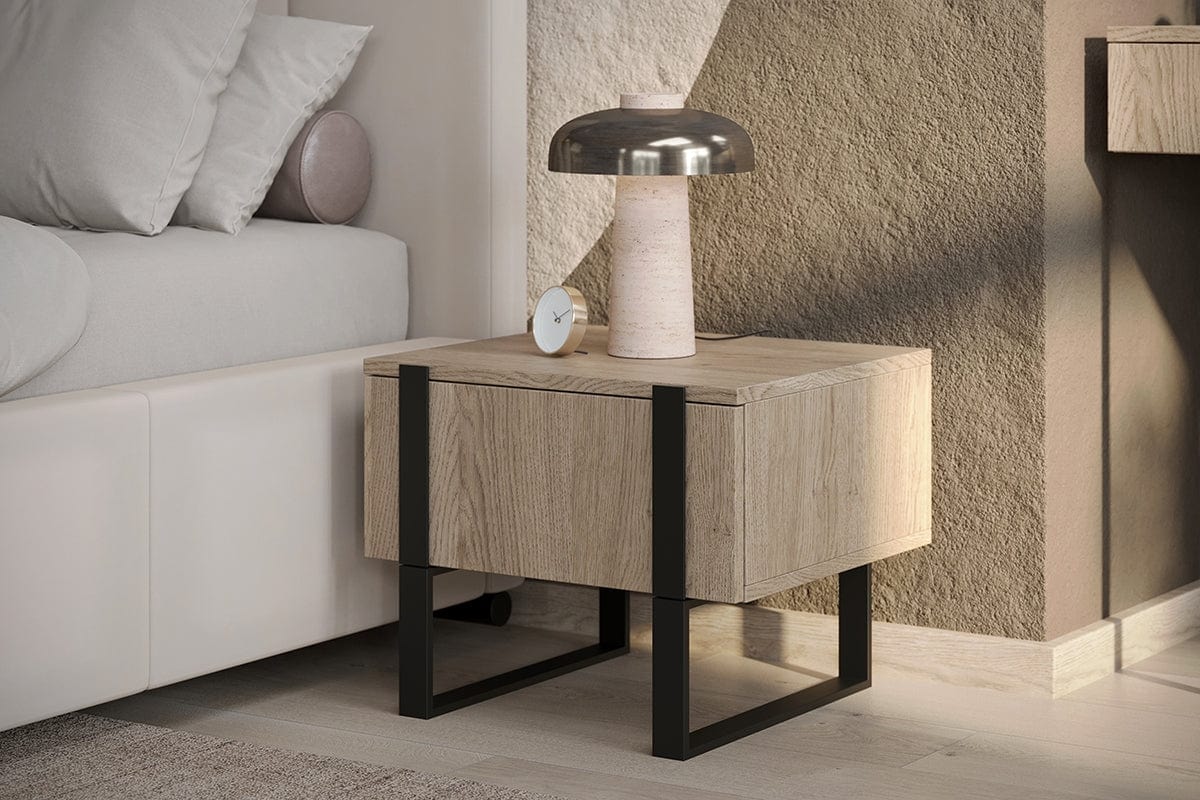 Set 2 noptiere din pal si metal, cu 1 sertar, Verica 50-1SZ Stejar / Negru, l50xA45xH40 cm (1)