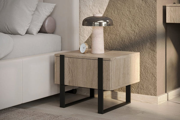 Set 2 noptiere din pal si metal, cu 1 sertar, Verica 50-1SZ Stejar / Negru, l50xA45xH40 cm (1)