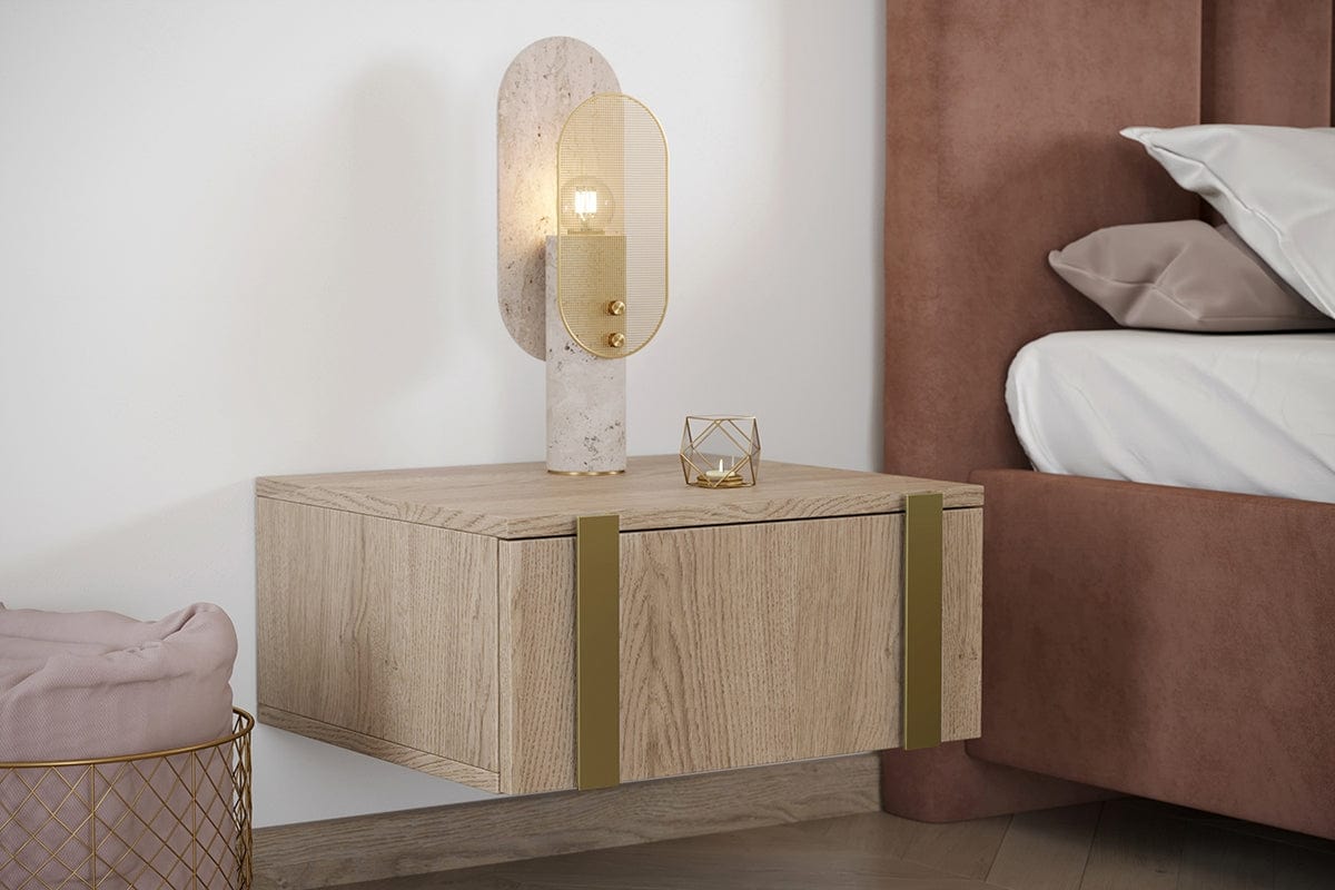 Set 2 noptiere suspendate din pal, cu 1 sertar, Verica 50-1SZ Stejar / Auriu, l50xA45xH23 cm (1)