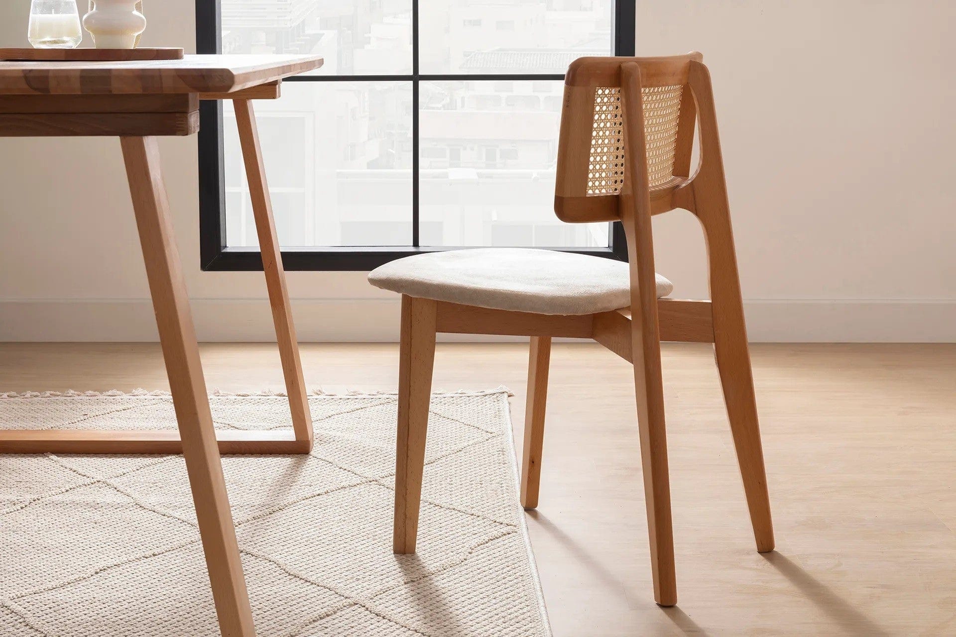 Set 2 scaune din lemn de fag, tapitate cu stofa Zeus Crem / Fag, l45xA45xH80 cm (2)