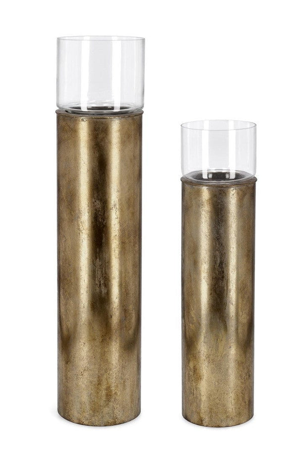 Set 2 suporturi pentru lumanari din sticla si metal, Bimala Auriu / Transparent, Ø21,5xH85 cm