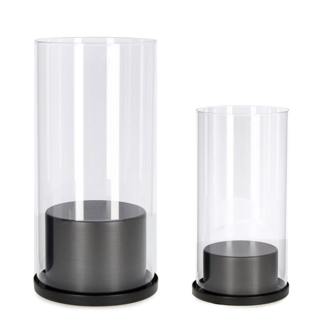 Set 2 suporturi pentru lumanari din sticla si metal Keira Negru / Transparent, Ø10,5xH20 cm