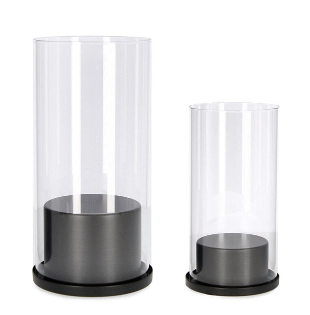 Set 2 suporturi pentru lumanari din sticla si metal Keira Negru / Transparent, Ø10,5xH20 cm