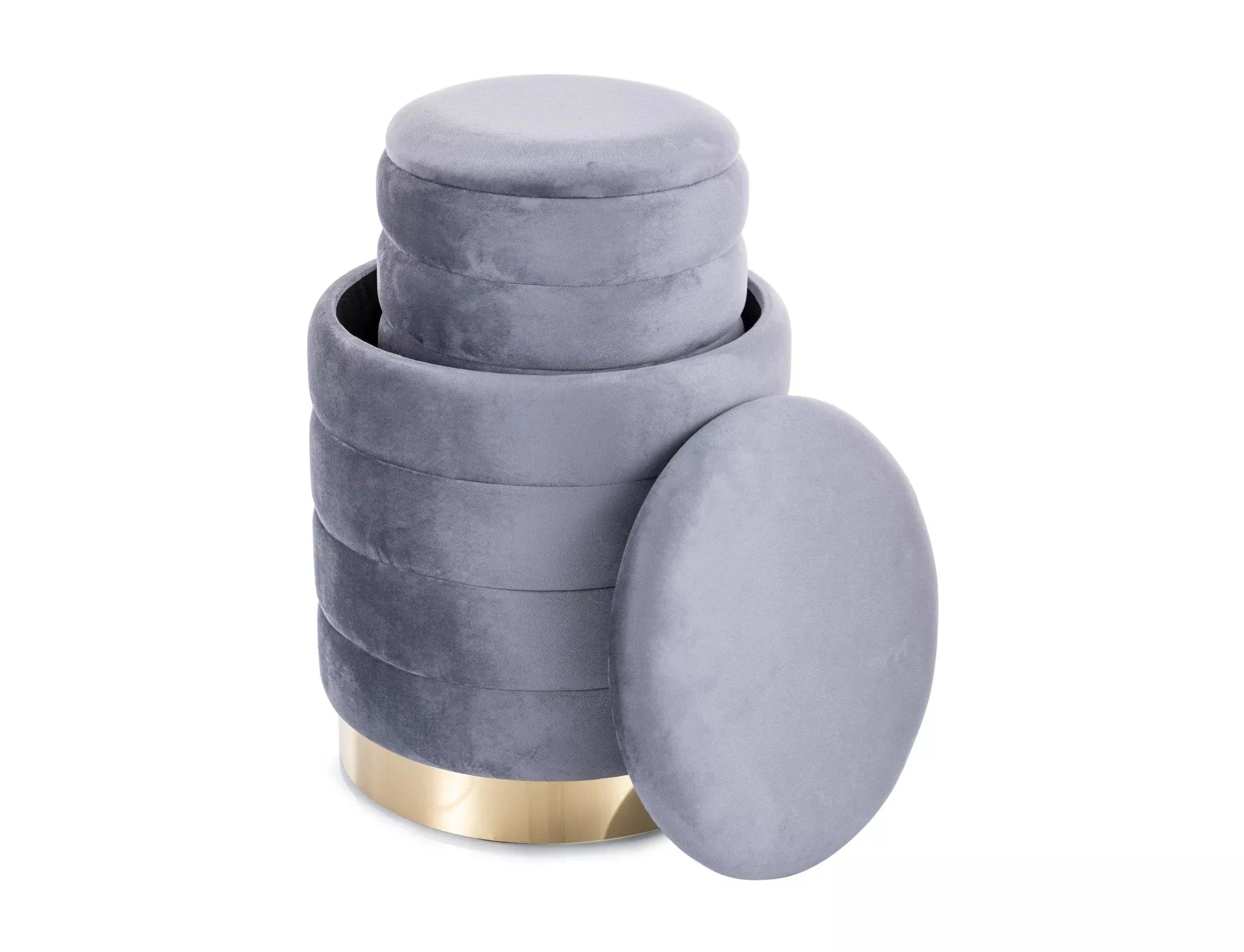 Signal Set 2 taburete tapitate cu stofa, cu spatiu de depozitare Brito Velvet Gri, Ø40xH45  Ø30xH38 cm