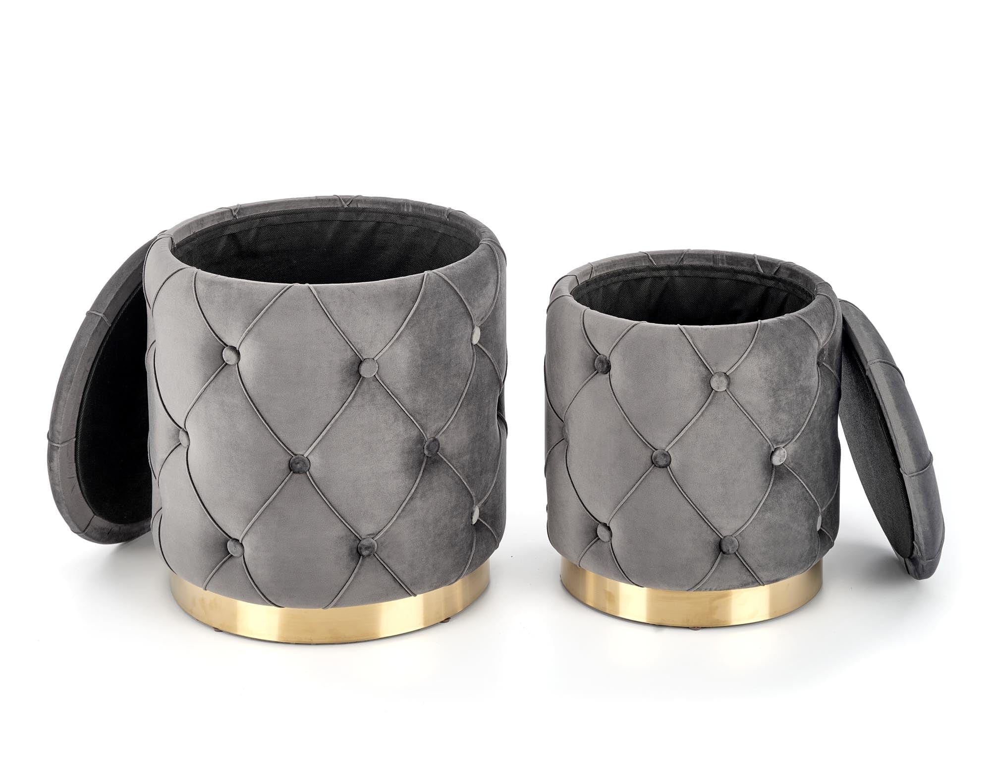 Set 2 taburete tapitate cu stofa, cu spatiu de depozitare Polly Gri / Auriu, Ø40xH44 / Ø33xH38 cm (3)