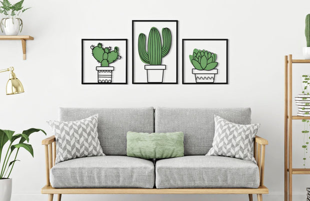Set 3 decoratiuni de perete din metal, Cactus Multicolor, l33xA1,3xH46,5 / l33xA1,3xH33 cm (4)