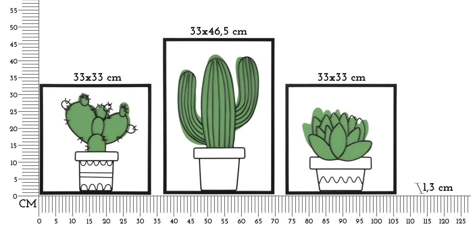 Set 3 decoratiuni de perete din metal, Cactus Multicolor, l33xA1,3xH46,5 / l33xA1,3xH33 cm (5)