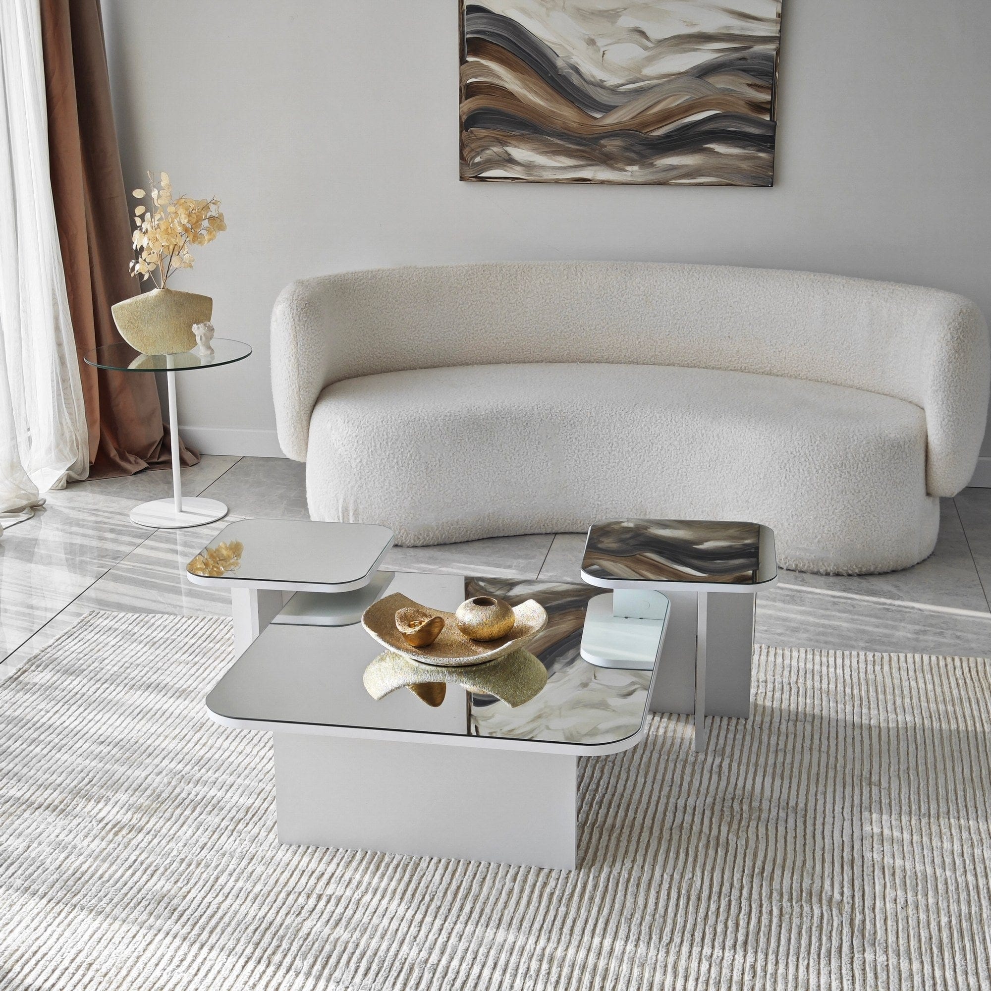 Set 3 mese de cafea din pal si sticla, Jazz Alb, L80xl80xH30 / L40xl40xH40 / L40xl40xH35 cm (3)