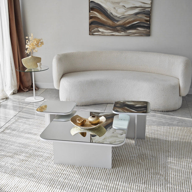 Set 3 mese de cafea din pal si sticla, Jazz Alb, L80xl80xH30 / L40xl40xH40 / L40xl40xH35 cm (3)