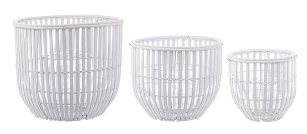 Set 3 suporturi pentru lumanari din bambus si sticla Kenzie Alb, Ø16xH16 cm