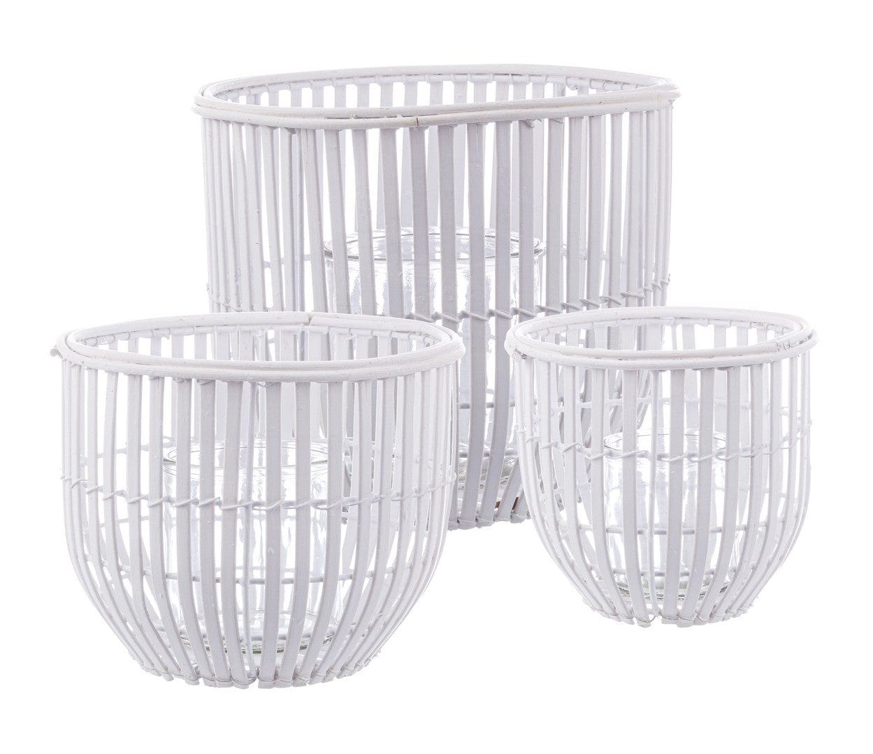 Set 3 suporturi pentru lumanari din bambus si sticla Kenzie Alb, Ø16xH16 cm (1)