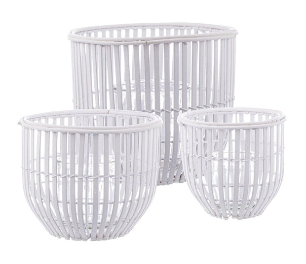 Set 3 suporturi pentru lumanari din bambus si sticla Kenzie Alb, Ø16xH16 cm (1)