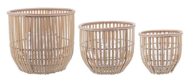 Set 3 suporturi pentru lumanari din bambus si sticla Kenzie Natural, Ø16xH16 cm