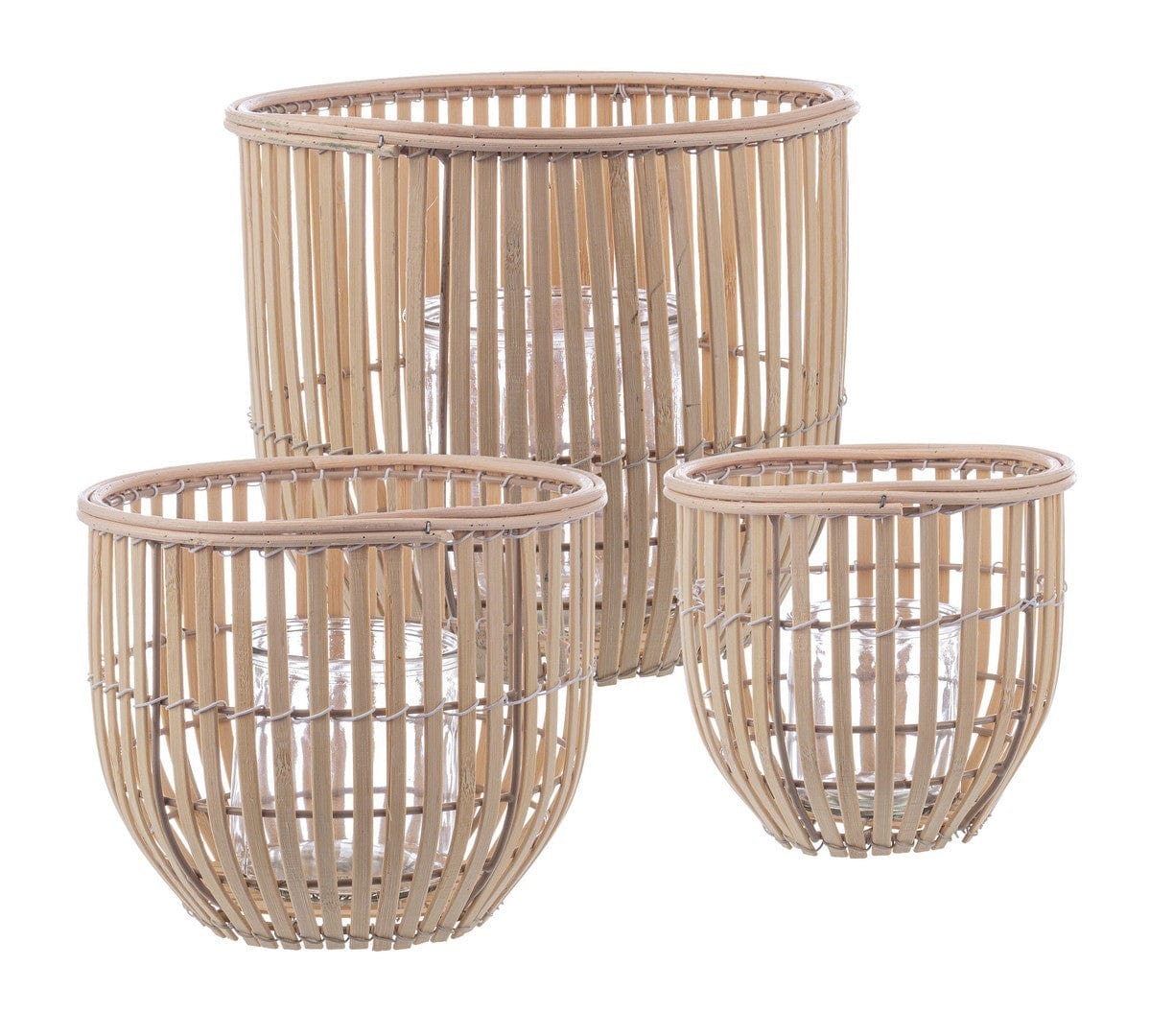 Set 3 suporturi pentru lumanari din bambus si sticla Kenzie Natural, Ø16xH16 cm (1)