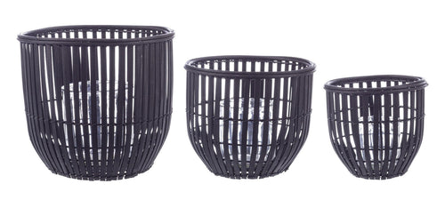 Set 3 suporturi pentru lumanari din bambus si sticla Kenzie Negru, Ø16xH16 cm