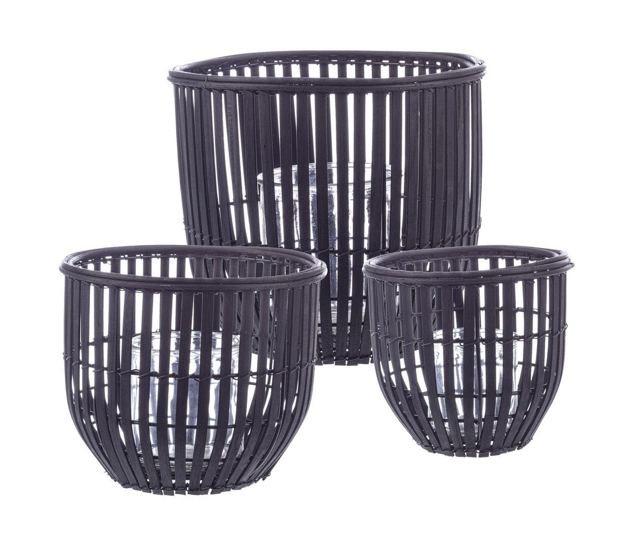 Set 3 suporturi pentru lumanari din bambus si sticla Kenzie Negru, Ø16xH16 cm (1)