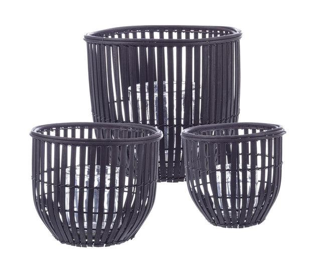 Set 3 suporturi pentru lumanari din bambus si sticla Kenzie Negru, Ø16xH16 cm (1)
