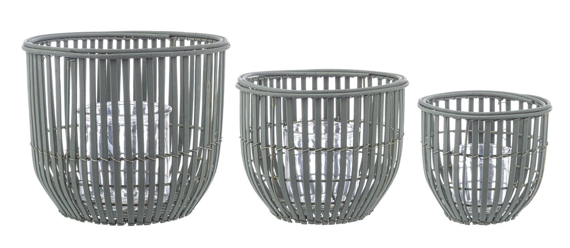 Set 3 suporturi pentru lumanari din bambus si sticla Kenzie Verde, Ø16xH16 cm