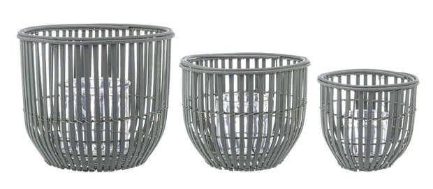 Set 3 suporturi pentru lumanari din bambus si sticla Kenzie Verde, Ø16xH16 cm