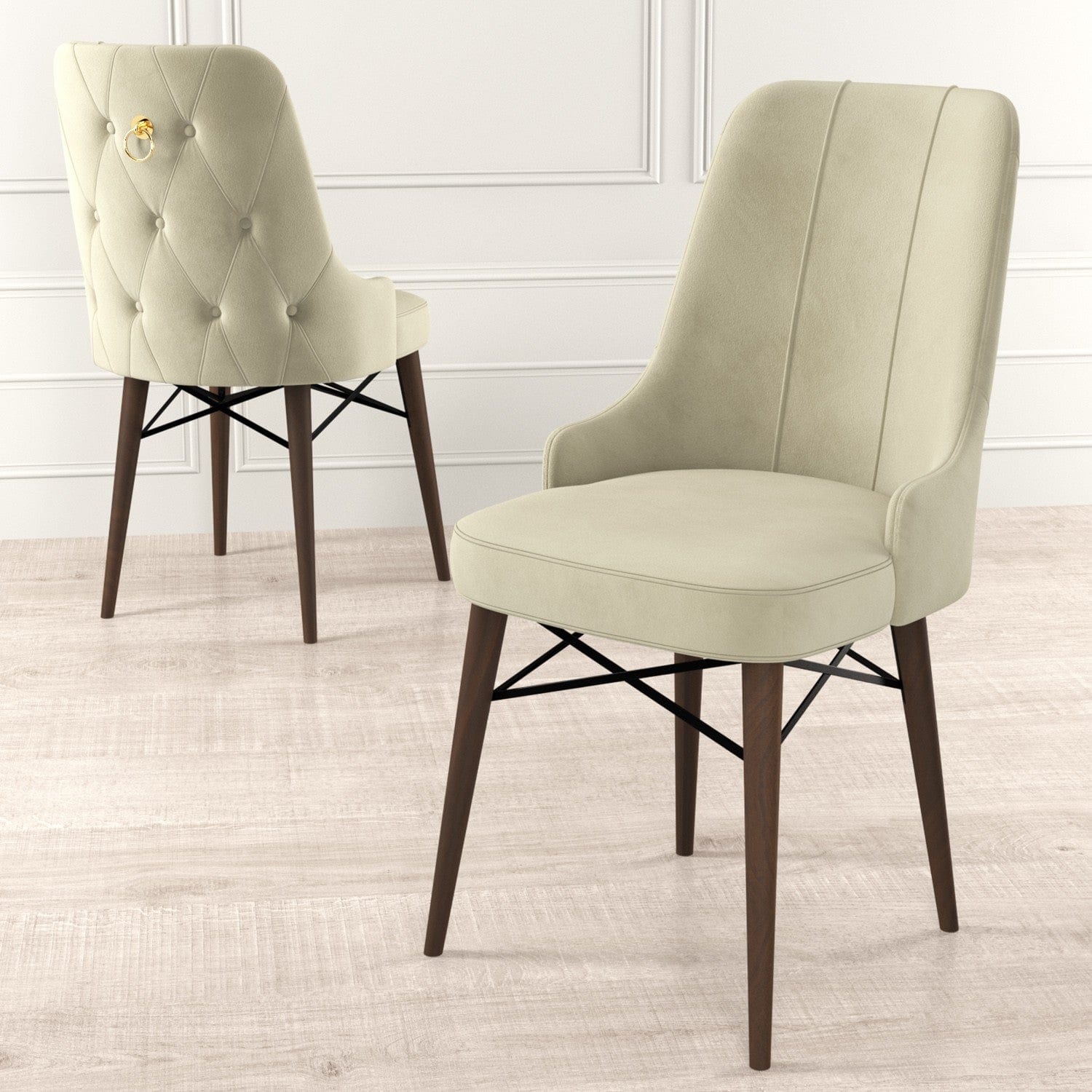 Set 4 scaune tapitate cu stofa si picioare metalice, Pare Crem / Maro, l46xA46xH94 cm (1)