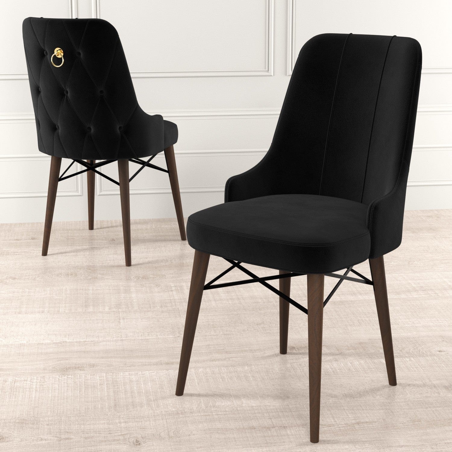 Asir Set 4 scaune tapitate cu stofa si picioare metalice, Pare Negru / Maro, l46xA46xH94 cm