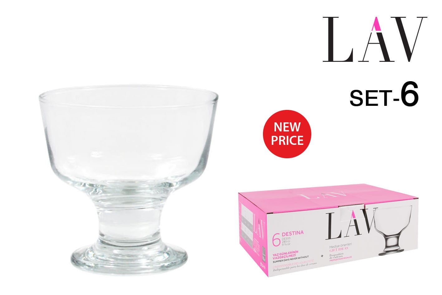 Set 6 pahare pentru inghetata din sticla, Destina Transparent, 280 ml