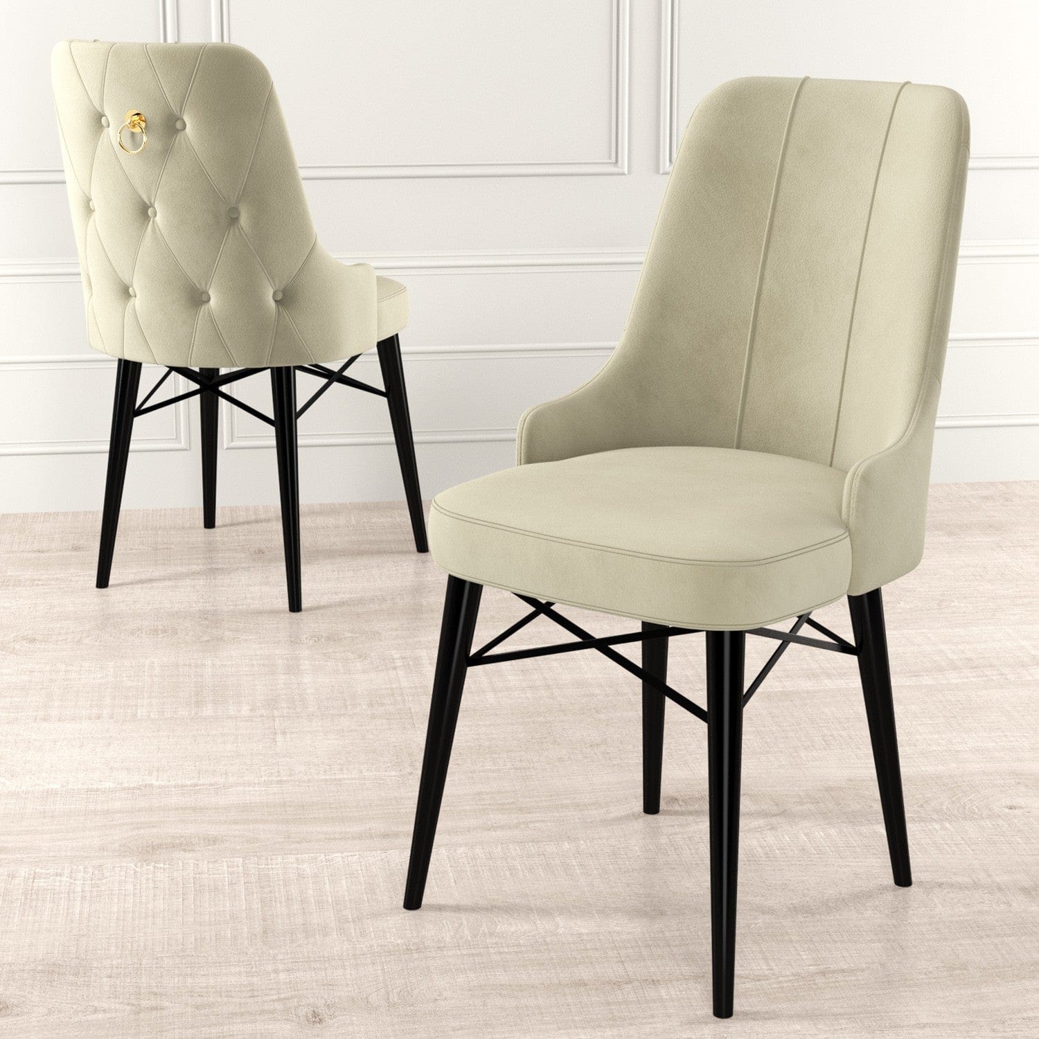 Set 6 scaune tapitate cu stofa si picioare metalice, Pare Crem / Negru, l46xA46xH94 cm (1)