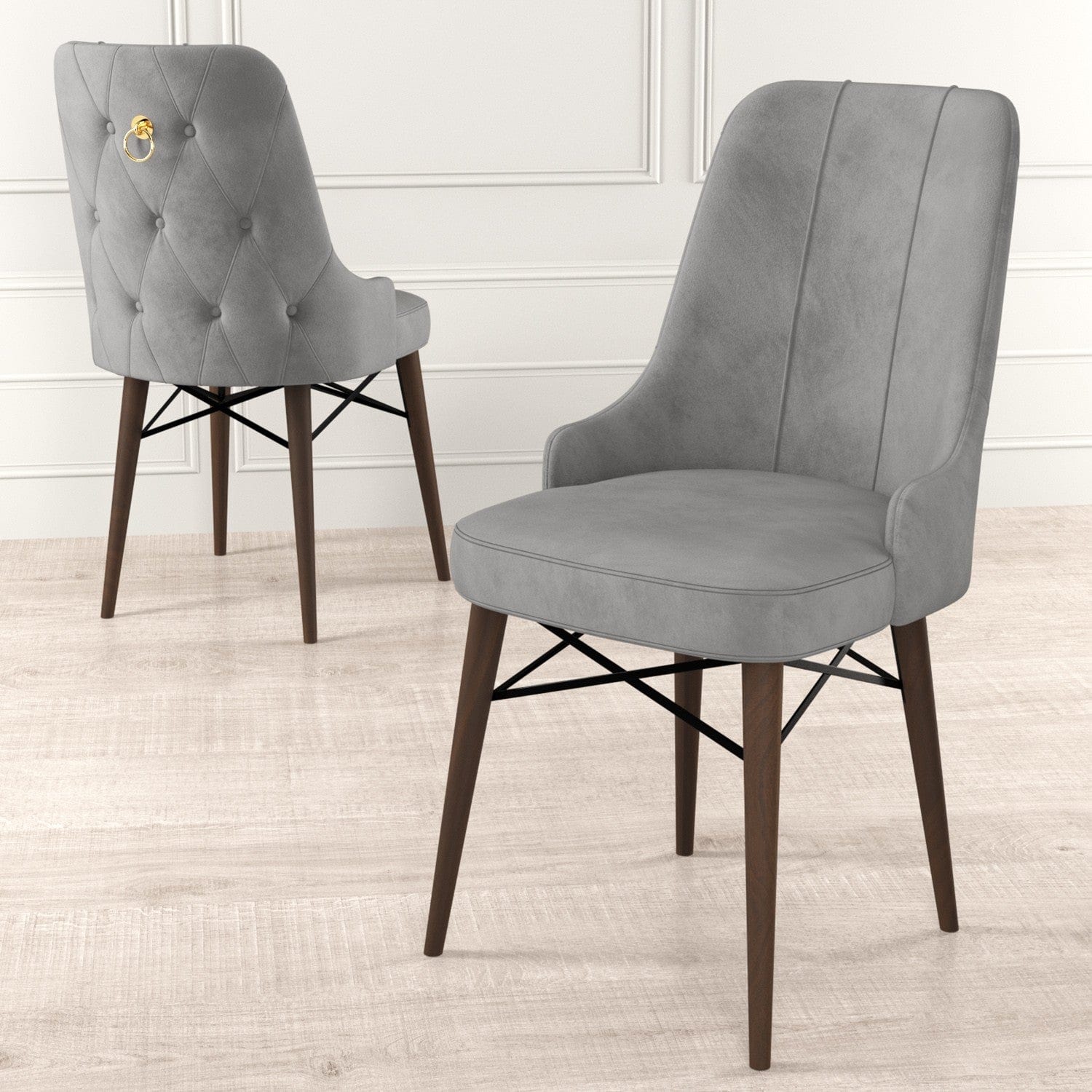 Set 6 scaune tapitate cu stofa si picioare metalice, Pare Gri / Maro, l46xA46xH94 cm (1)