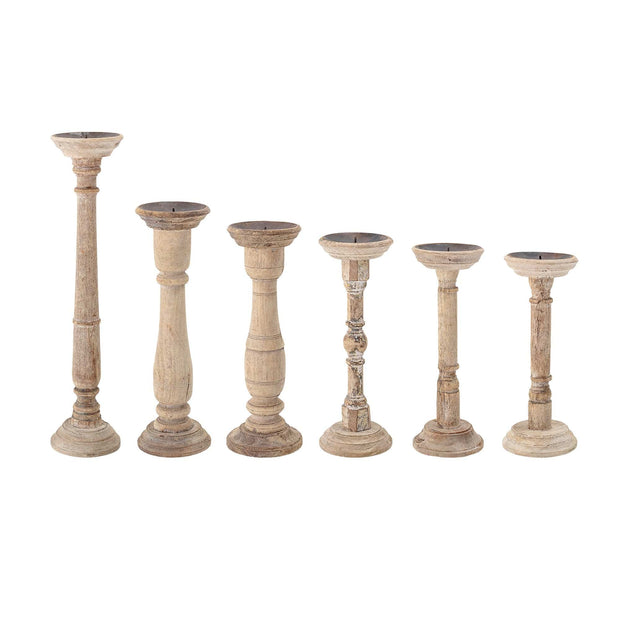Set 6 suporturi pentru lumanari din lemn reciclat, Ada Natural, H27 / H34 / H35 / H42 / H46 / H52 cm