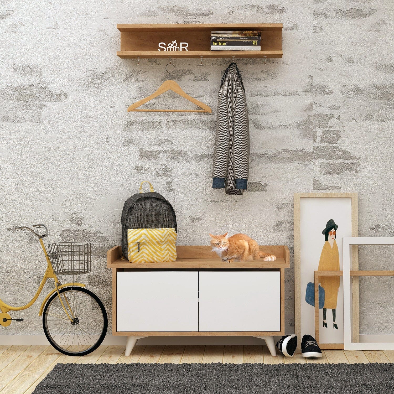 Asir Set de mobila hol din pal, 2 piese, Arasso Stejar / Alb