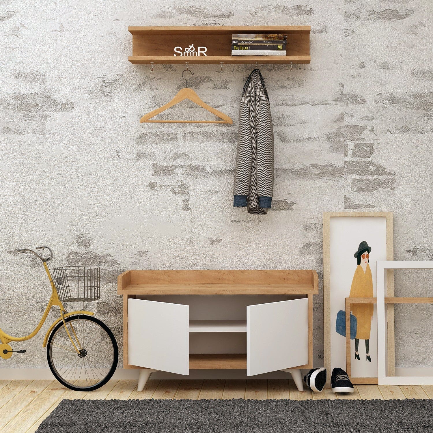 Asir Set de mobila hol din pal, 2 piese, Arasso Stejar / Alb