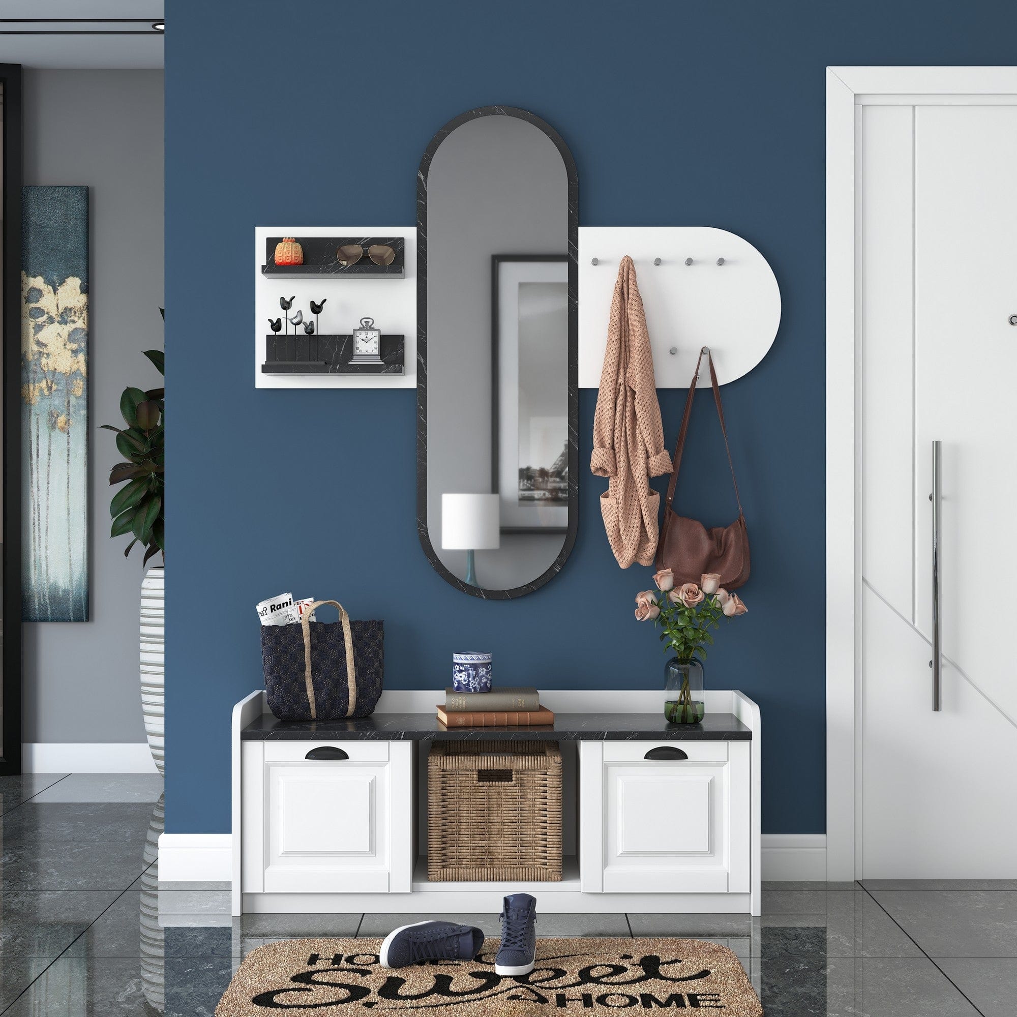 Asir Set de mobila hol din pal, 2 piese, EE101 2040 Alb / Negru