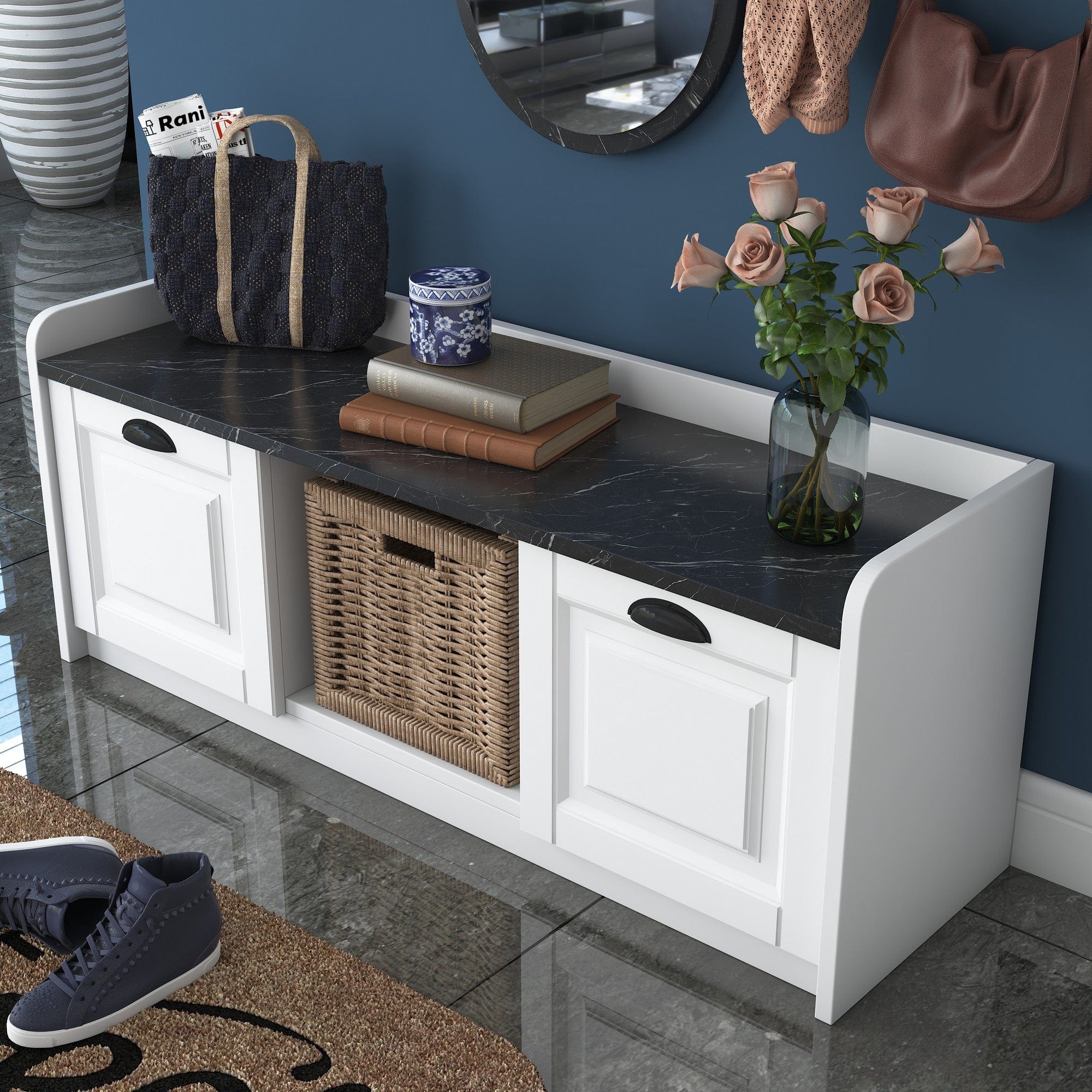 Asir Set de mobila hol din pal, 2 piese, EE101 2040 Alb / Negru