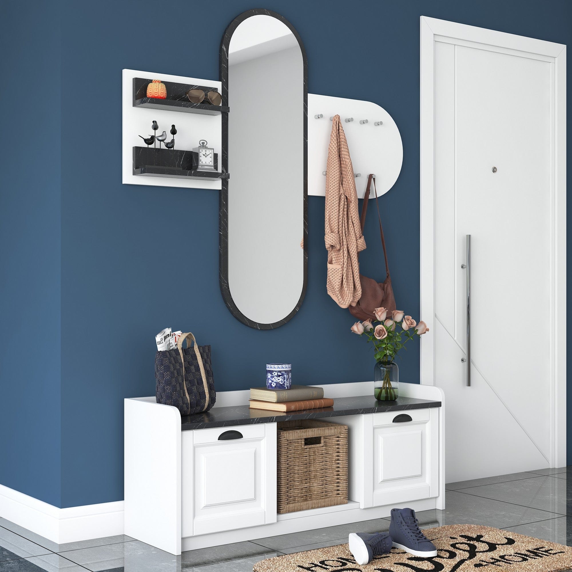 Asir Set de mobila hol din pal, 2 piese, EE101 2040 Alb / Negru