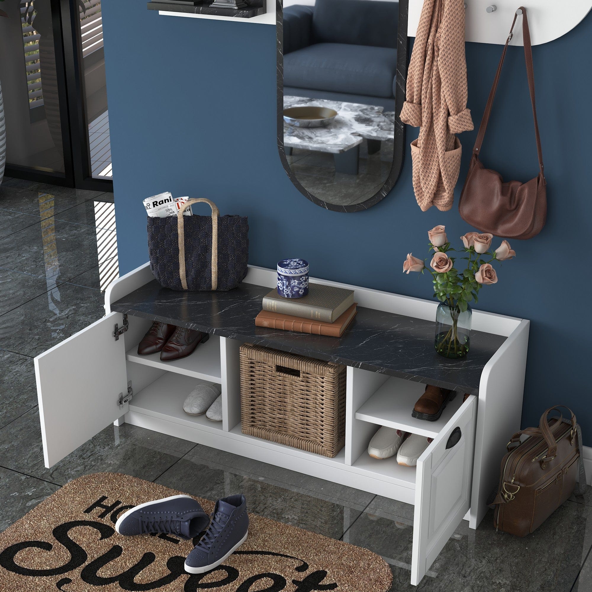 Asir Set de mobila hol din pal, 2 piese, EE101 2040 Alb / Negru