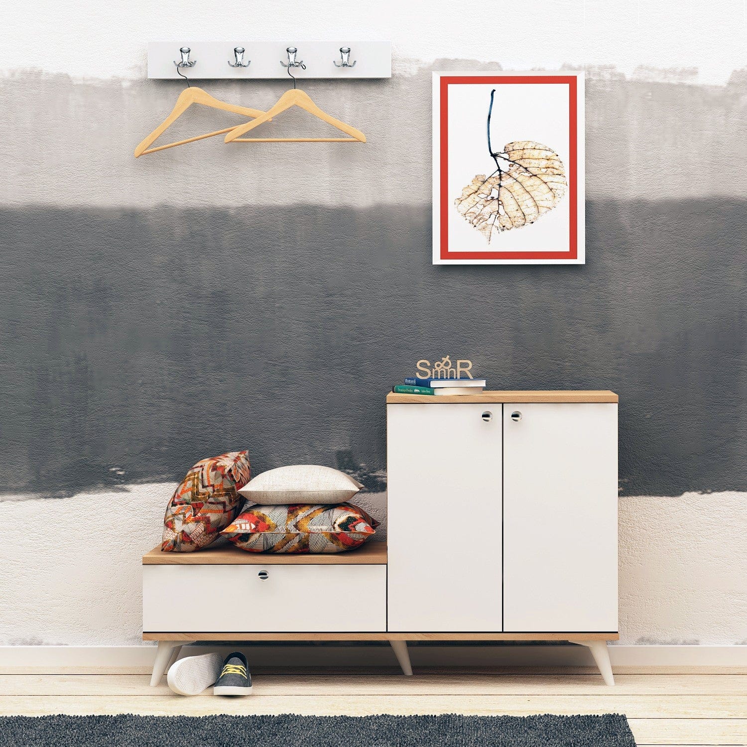 Asir Set de mobila hol din pal, 2 piese, Evva Stejar / Alb