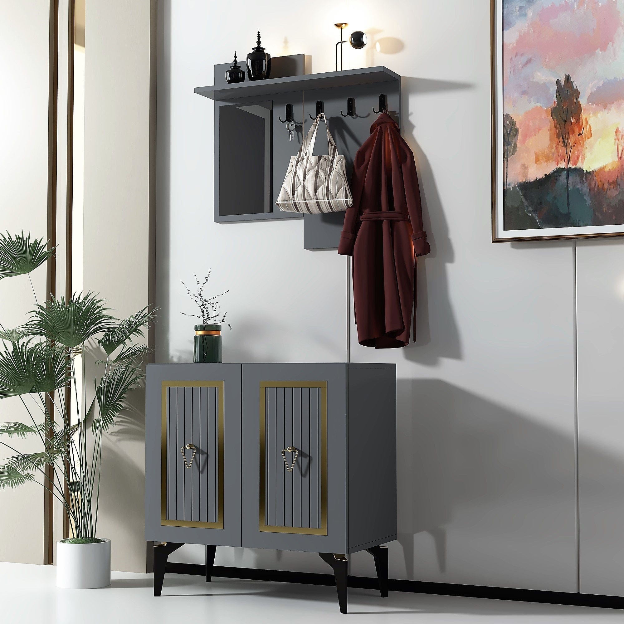 Asir Set de mobila hol din pal, 2 piese, Masal Antracit / Auriu