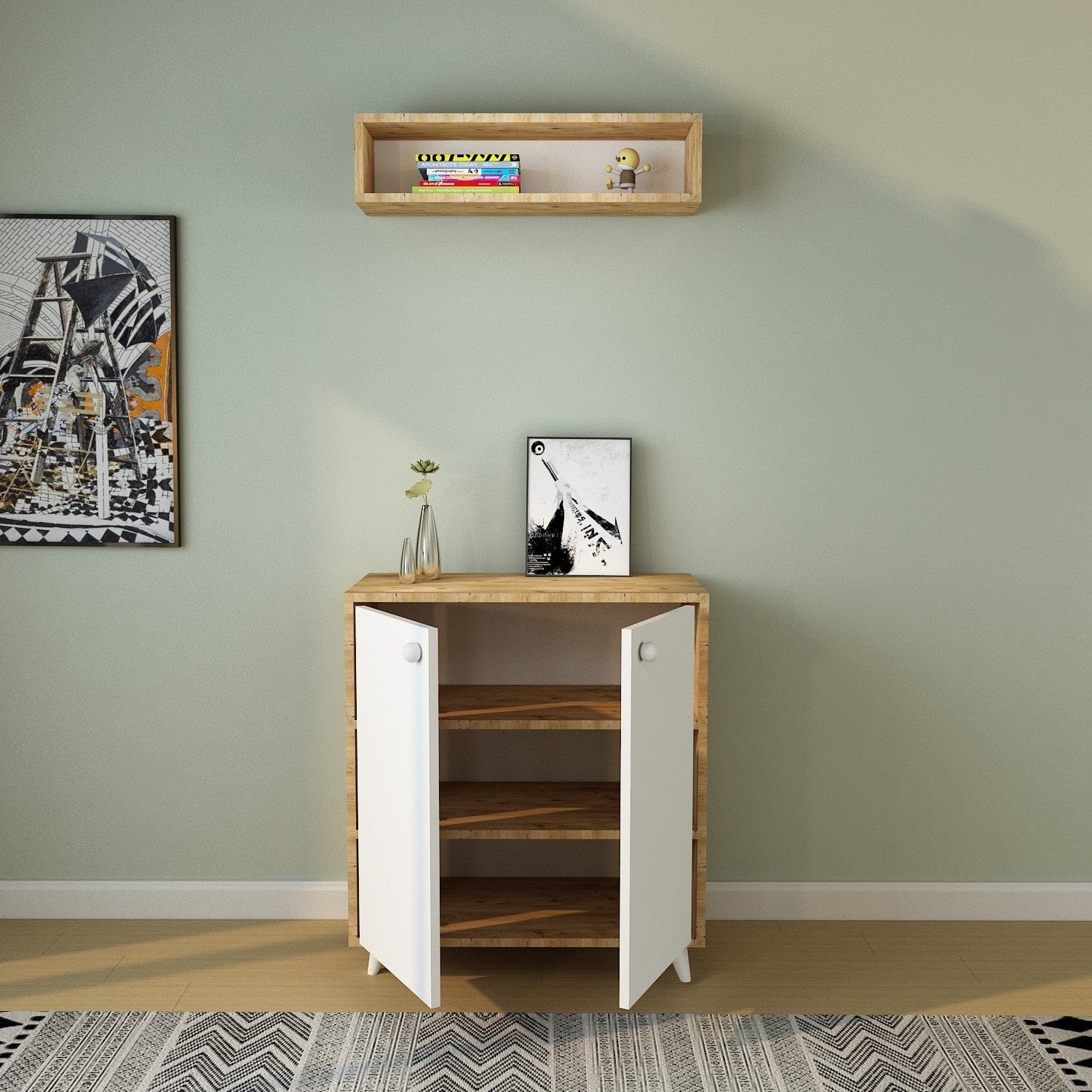 Asir Set de mobila hol din pal, 2 piese, Nisa L1186 Stejar / Alb