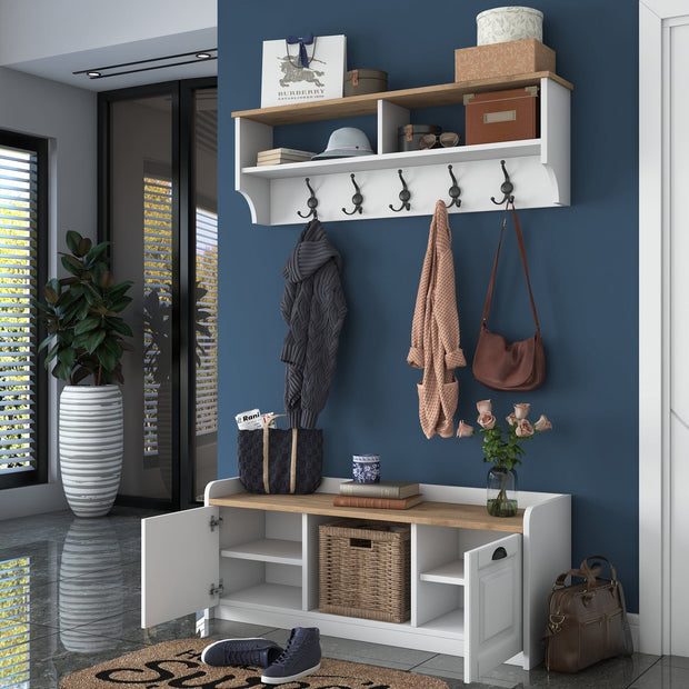 Asir Set de mobila hol din pal, 2 piese, P2 1636 Alb / Nuc