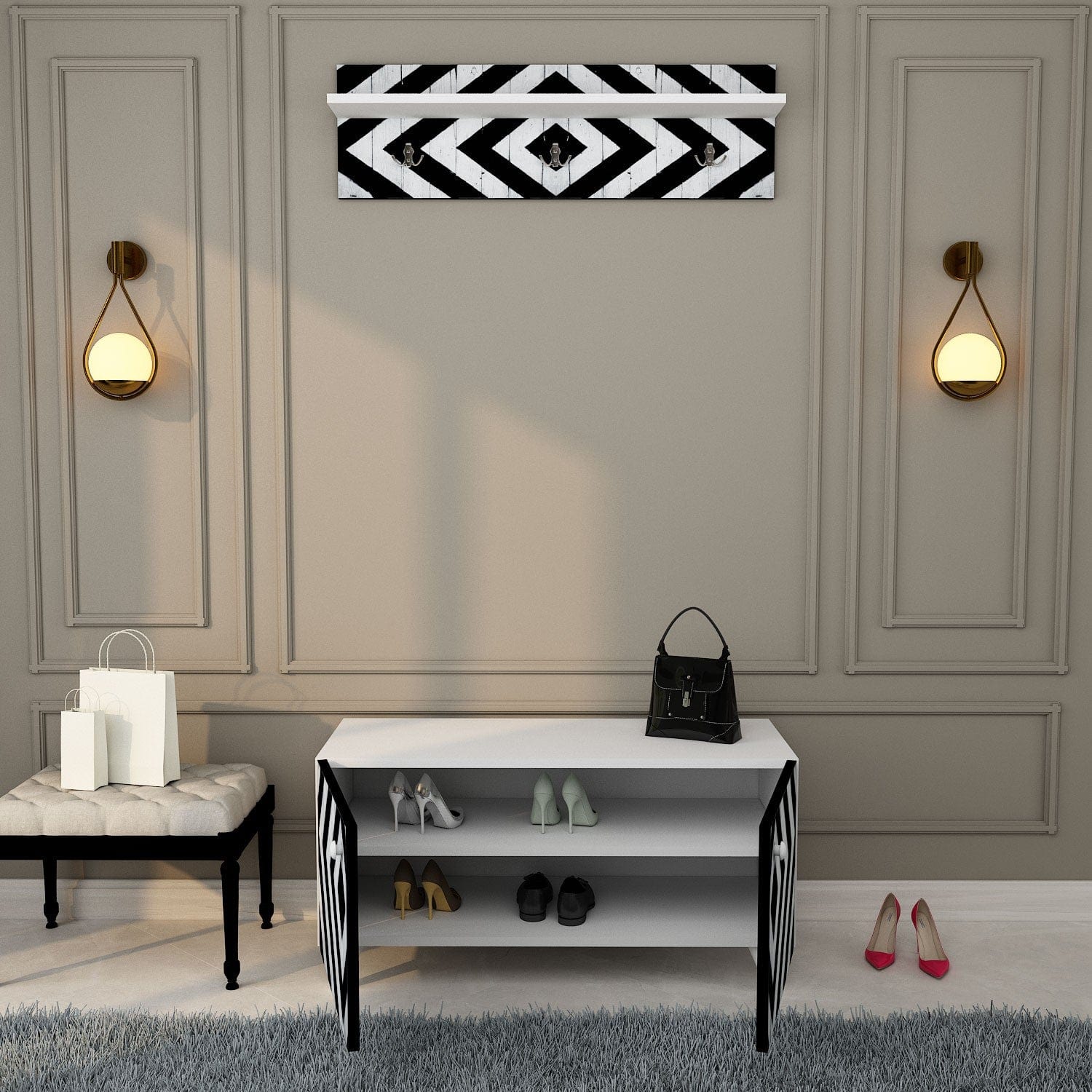 Asir Set de mobila hol din pal, 2 piese, Trend L1313 Alb / Negru