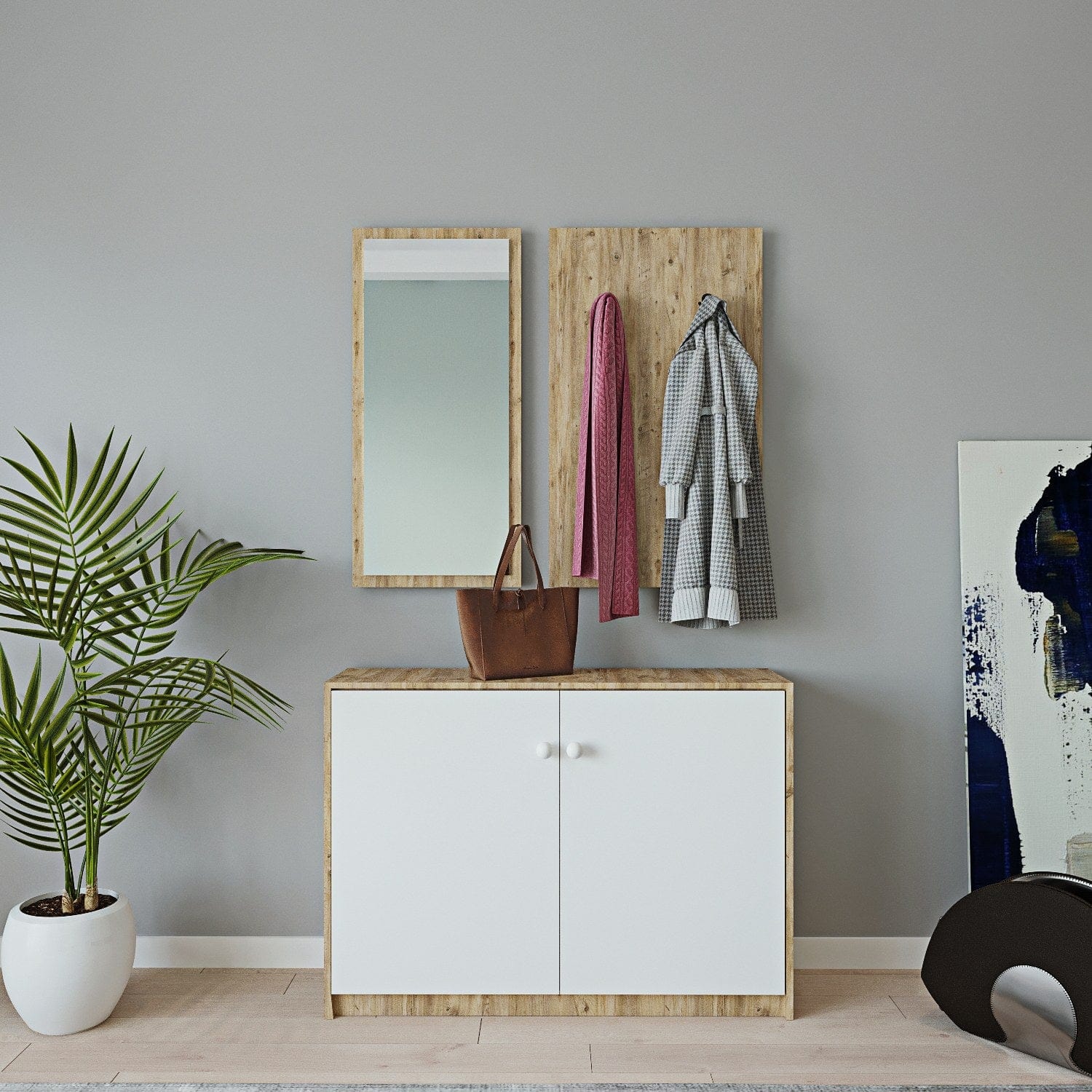 Asir Set de mobila hol din pal, 3 piese, Coburg L1318 Stejar / Alb