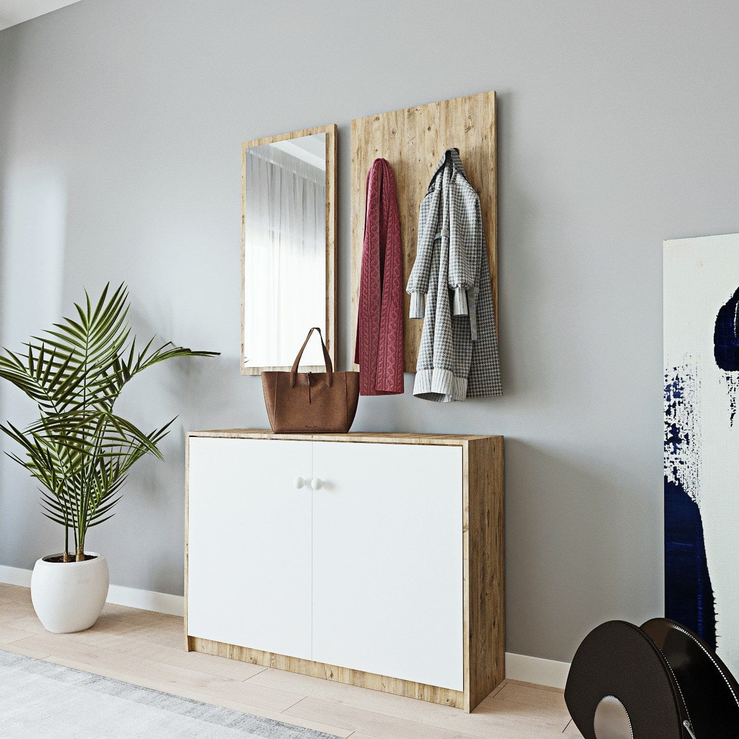 Asir Set de mobila hol din pal, 3 piese, Coburg L1318 Stejar / Alb