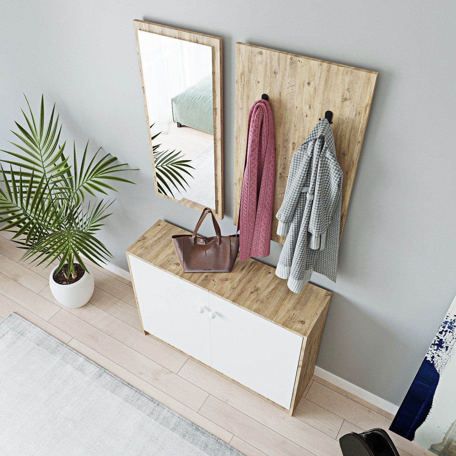 Asir Set de mobila hol din pal, 3 piese, Coburg L1318 Stejar / Alb