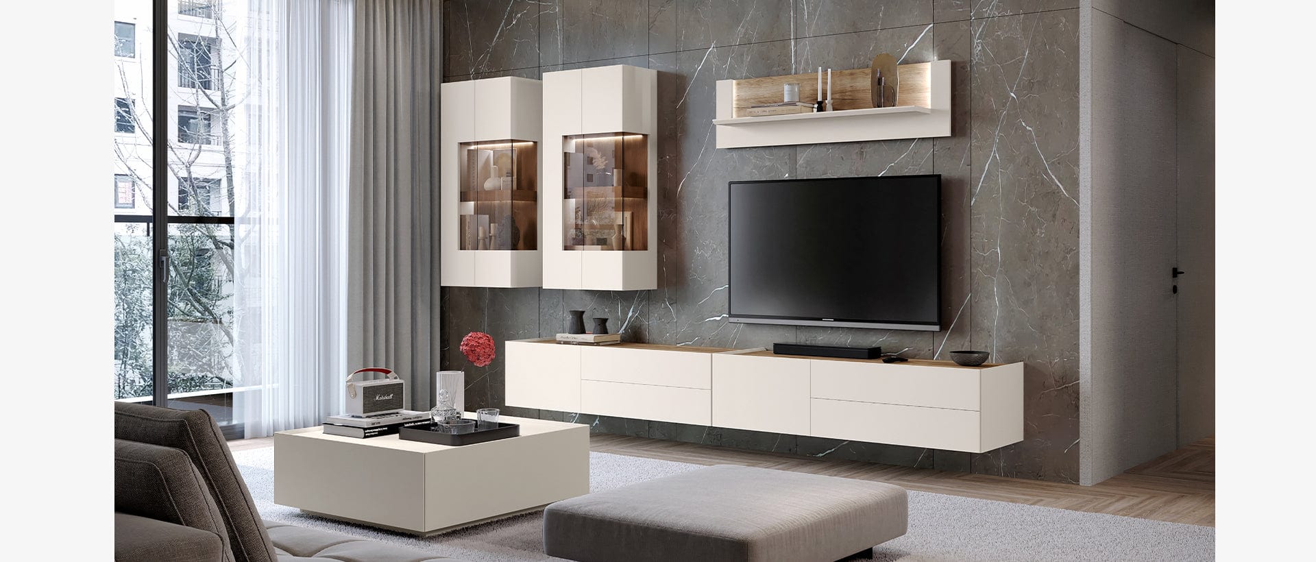 Set de mobila living din pal si MDF, cu LED inclus, 6 piese Sky Crem / Stejar Tobacco